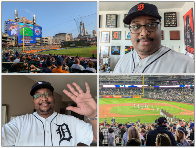 clockwise: me in my apartment in seattle, tigers vs. mariners at t-mobile park in seattle on 08.07.24, me in my hotel room at the mgm grand detroit in detroit, red sox vs. tigers at comerica park in detroit on 08.30.24